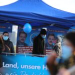 Wahlkampfkundgebung der AfD für die Kommunalwahl im März 2021 in Kassel: vlnr Lena Alt, Erika Riemann, Michael Werl, Sybille Johst